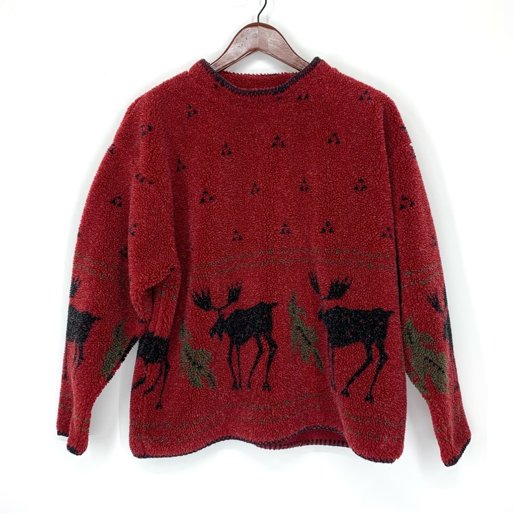 Vintage Alps Finest Quality Apparel Moose Print Red & Black Teddy Sweatshirt